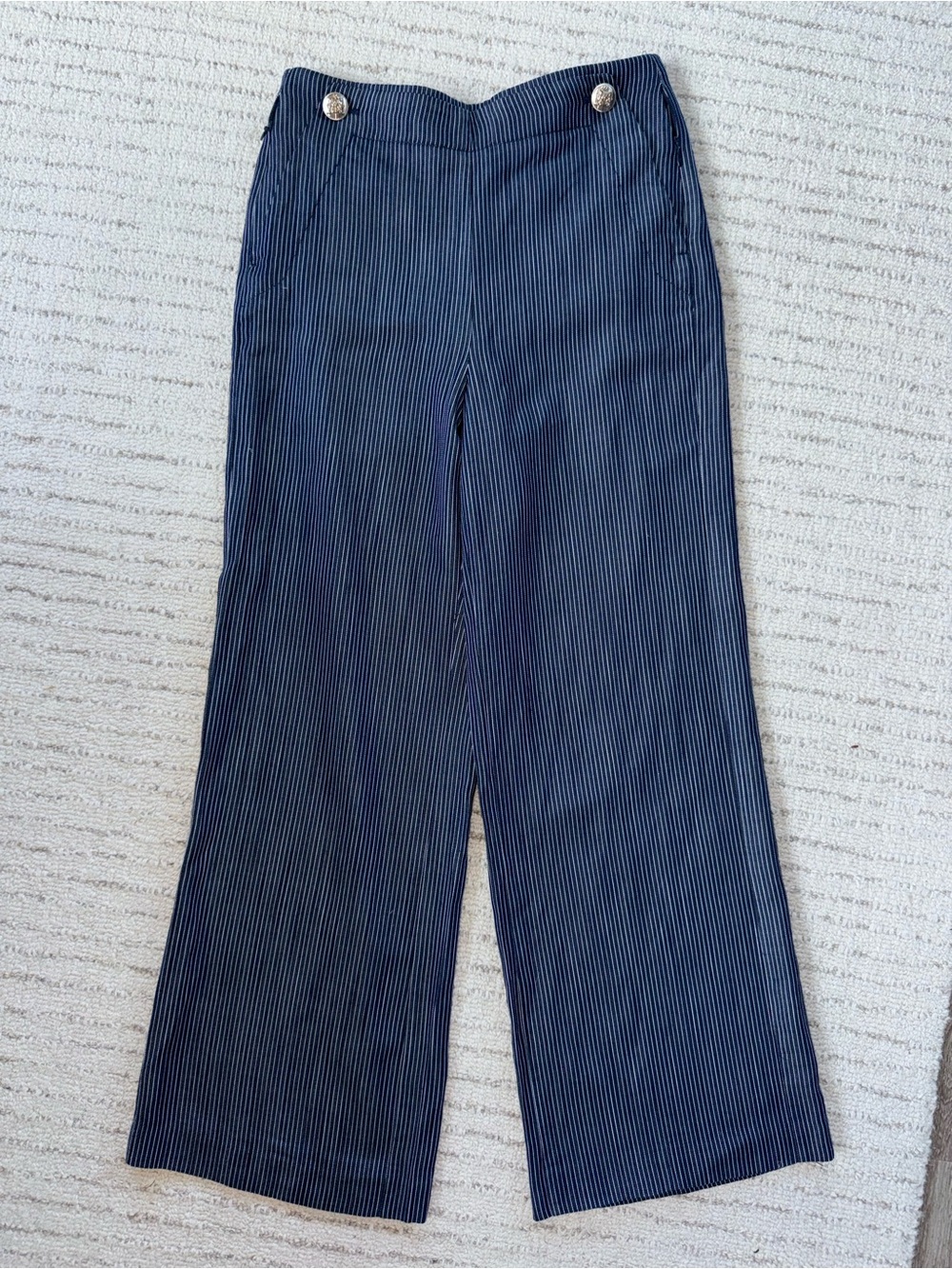 Ann Taylor Navy Blue Pinstripe Wide Leg Pants Gold Button Trouser Office Pants